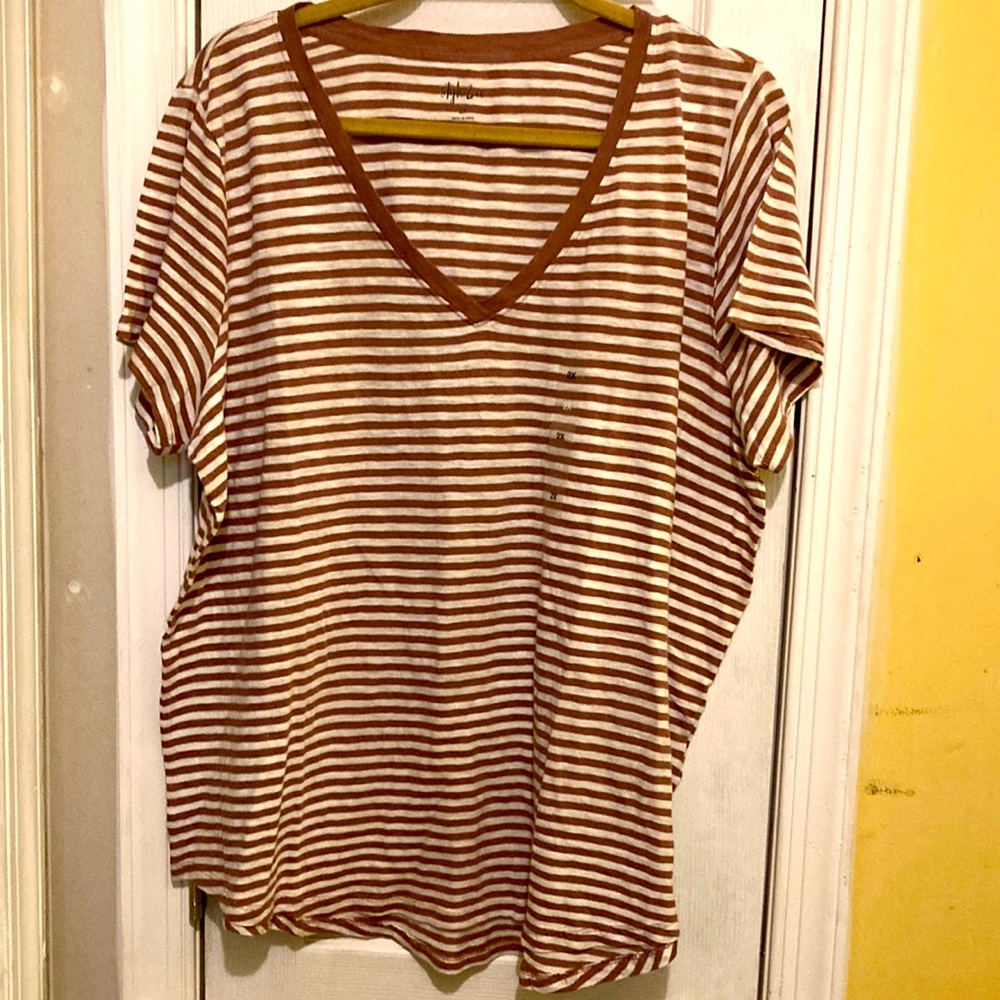 New Style and Co. short sleeve coffee & White Striped Top Size 2X V-Neckline